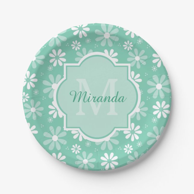 Girly Monogram Mint White Daisy Flowers With Name Paper Plate (Front)