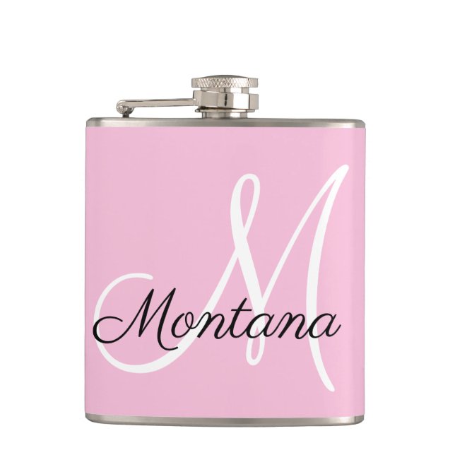Girly Monogram Modern Pink Elegant Hand Lettered Hip Flask (Front)