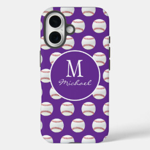 Girly Monogram Name Baseball Pattern purple        iPhone 16 Case