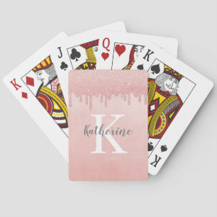 Girly Monogram Name Blush Pink Dripping Glitter Playing Cards