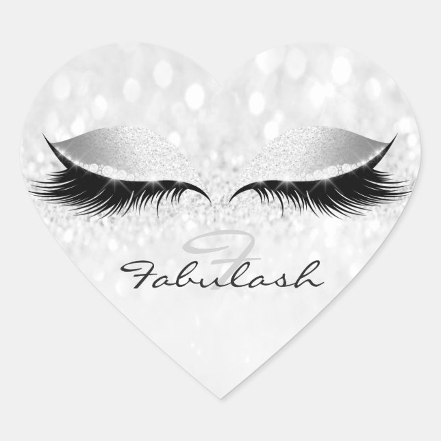 Girly Monogram Name Glitter Lashes Heart Grey Sticker (Front)