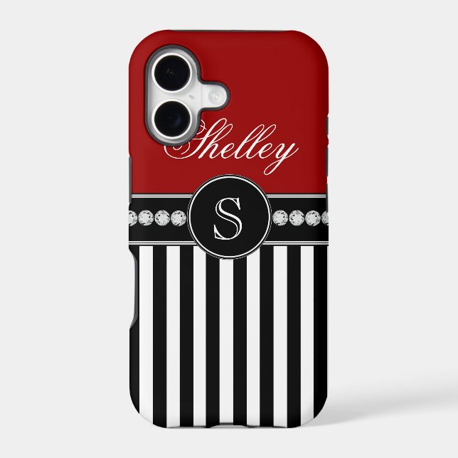 Girly Monogram Name Red Black Stripes (Back)