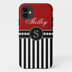 Girly Monogram Name Red Black Stripes Case-Mate iPhone Case