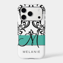 Girly Monogram Name Turquoise Black White Damask