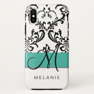 Girly Monogram Name Turquoise Black White Damask Case-Mate iPhone Case
