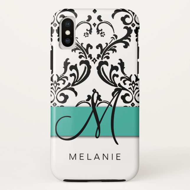 Girly Monogram Name Turquoise Black White Damask Case-Mate iPhone Case (Back)