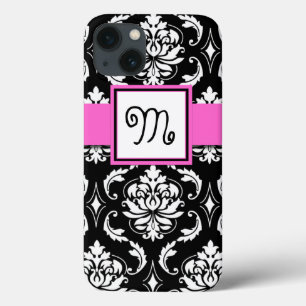 GIRLY MONOGRAM, PINK, BLACK DAMASK PATTERN iPhone 13 CASE