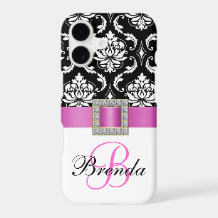 Girly Monogram Pink Ribbon Black White Damask