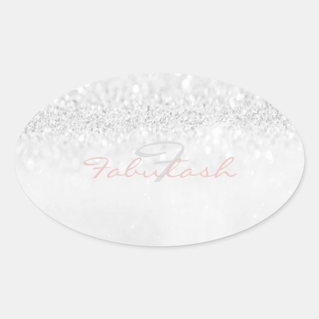 Girly Monogram Sparkly Glitter Pink Grey Name 16th Oval Sticker (Front)