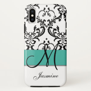 Girly Monogram Turquoise Black Swirls Damask Case-Mate iPhone Case