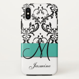 Girly Monogram Turquoise Black Swirls Damask Case-Mate iPhone Case