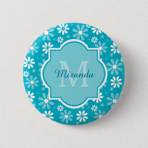 Girly Monogram Turquoise Daisy Flowers With Name 6 Cm Round Badge