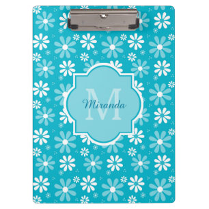 Girly Monogram Turquoise Daisy Flowers With Name Clipboard