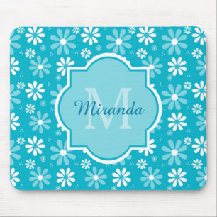 Girly Monogram Turquoise Daisy Flowers With Name Mouse Pad