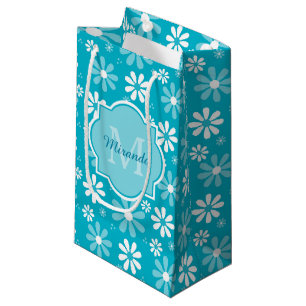 Girly Monogram Turquoise Daisy Flowers With Name Small Gift Bag