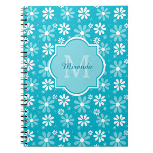 Girly Monogram Turquoise Daisy Flowers With Name Spiral Notebook