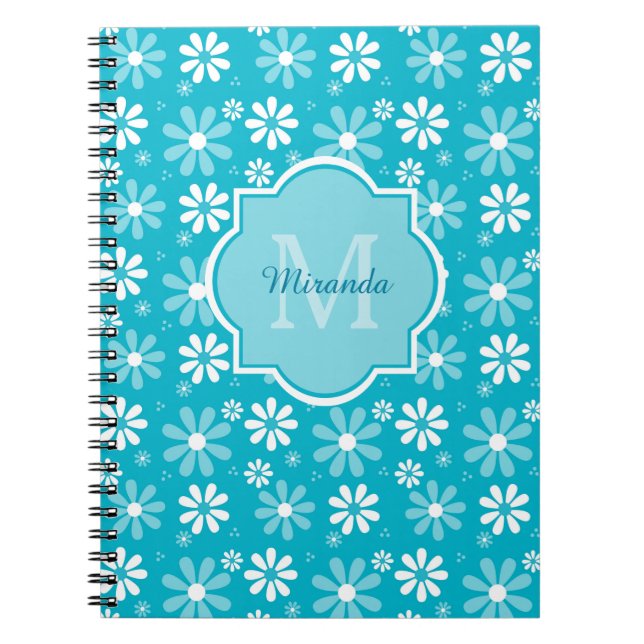 Girly Monogram Turquoise Daisy Flowers With Name Spiral Notebook (Front)