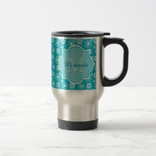 Girly Monogram Turquoise Daisy Flowers With Name Travel Mug