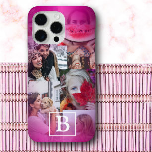 Girly Monogrammed 6 Photo Collage Pink Gradient  iPhone 15 Pro Max Case