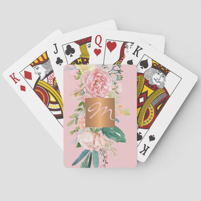 Girly monogrammed elegant pink and gold modern playing cards (Back)