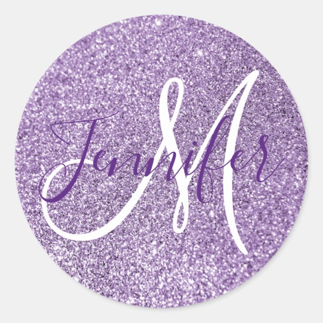 Girly Monogrammed Faux Amethyst Glitter Classic Round Sticker (Front)
