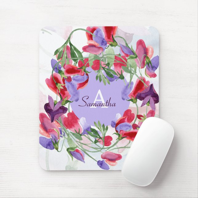 Girly Monogrammed Sweet Pea Floral Watercolor Mouse Pad (With Mouse)