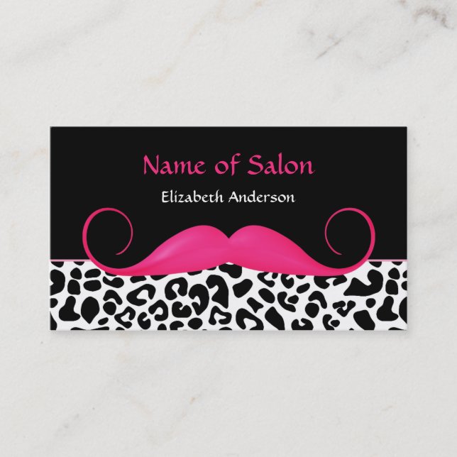 Girly Moustache Pink and Black Leopard Hair Salon Business Card (Front)