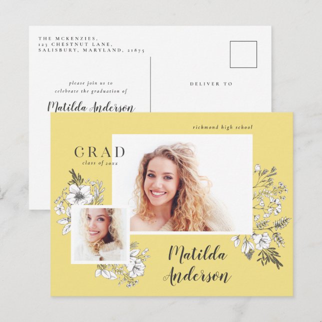Girly multi photo floral elegant graduation party  invitation postcard (Front/Back)