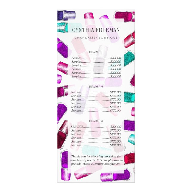 Girly Nail Polish Pretty Painted Watercolor Rack Card (Front)