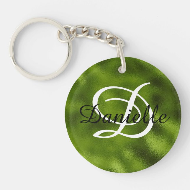 Girly Name and Monogram Faux Pine Green Foil Photo Key Ring (Front)
