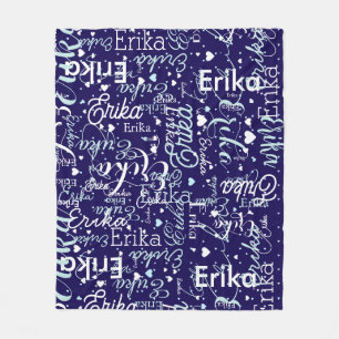 Girly Name & Hearts on Navy Blue Girls Fleece Blanket