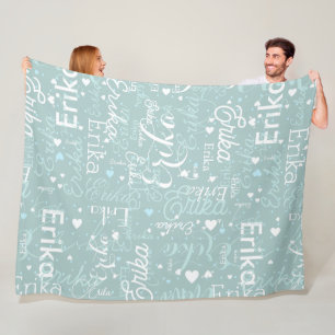 Girly Name & Hearts Repeated on Light-Blue Girls Fleece Blanket