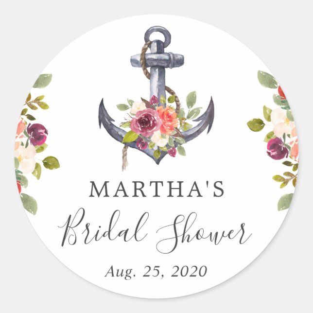 Girly Nautical Anchor Floral Bridal Shower Favour Classic Round Sticker (Front)