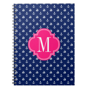 Girly Nautical Anchors Navy Pink Personalised Spiral Notebook