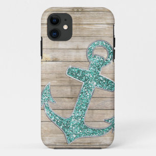 Girly Nautical Aqua Anchor & Wood Look Case-Mate iPhone Case