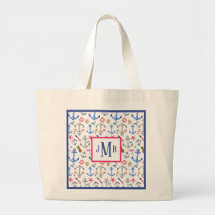 Girly Nautical Watercolor Beach Pattern Monogram Large Tote Bag