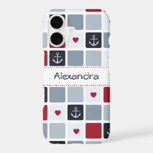 Girly Navy and Red Anchor Heart Pattern With Name
