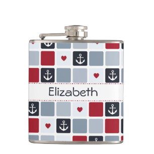 Girly Navy and Red Anchor Heart Pattern With Name Hip Flask