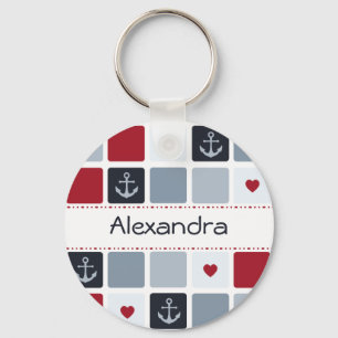 Girly Navy and Red Anchor Heart Pattern With Name Key Ring
