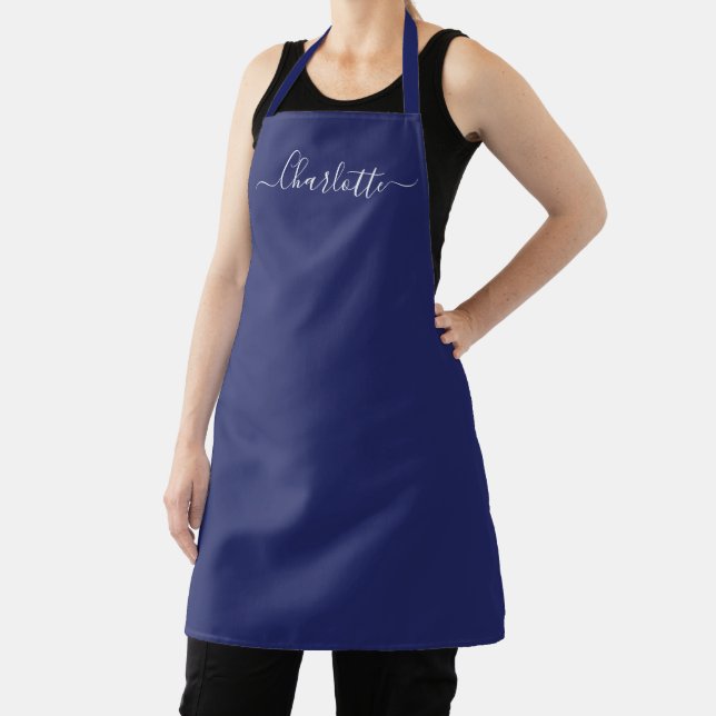 Girly navy blue custom script name monogram chic apron (Insitu)