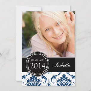 GIRLY NAVY BLUE DAMASK GRADUATE PARTY INVITATION
