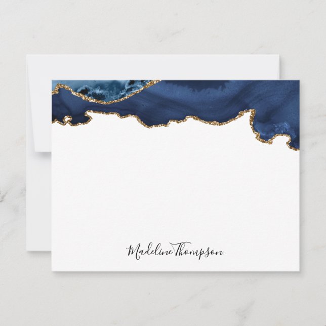 Girly Navy Blue Gold Agate Geode Script Typography Card (Front)