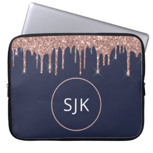Girly Navy Blue Rose Gold Glitter Drips Monogram Laptop Sleeve