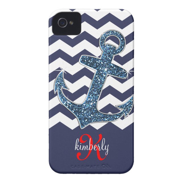 Girly Navy Faux Glitter Anchor Chevron Chic Case-Mate iPhone Case (Back)