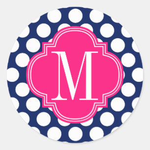 Girly Navy & Pink Big Dots Monogrammed Classic Round Sticker