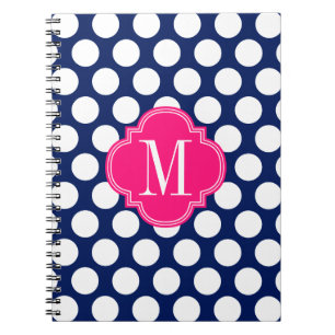 Girly Navy & Pink Big Dots Monogrammed Spiral Notebook