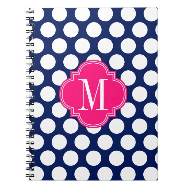 Girly Navy & Pink Big Dots Monogrammed Spiral Notebook (Front)