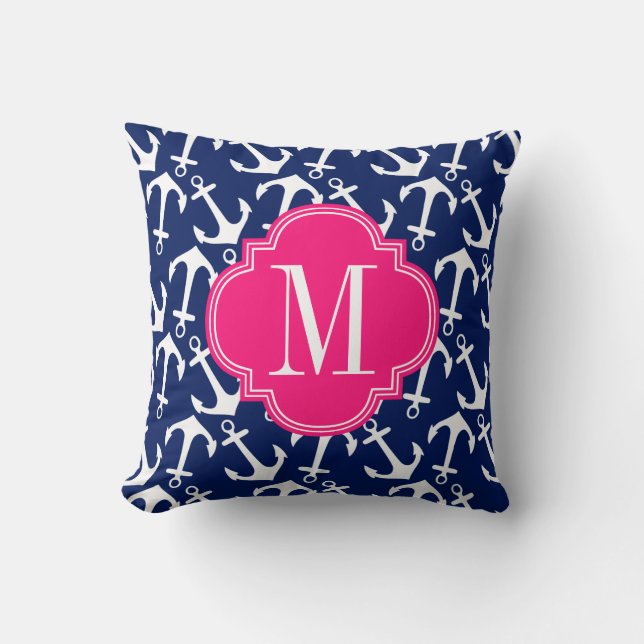 Girly Navy & Pink Diamond Lattice Personalised Cushion (Front)