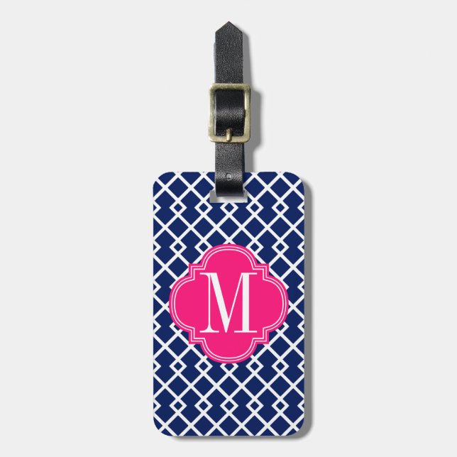 Girly Navy & Pink Diamond Lattice Personalised Luggage Tag (Front Vertical)