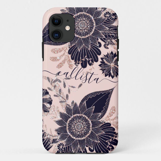 Girly Navy Rose Gold Glitter Floral Illustrations Case-Mate iPhone Case (Back)